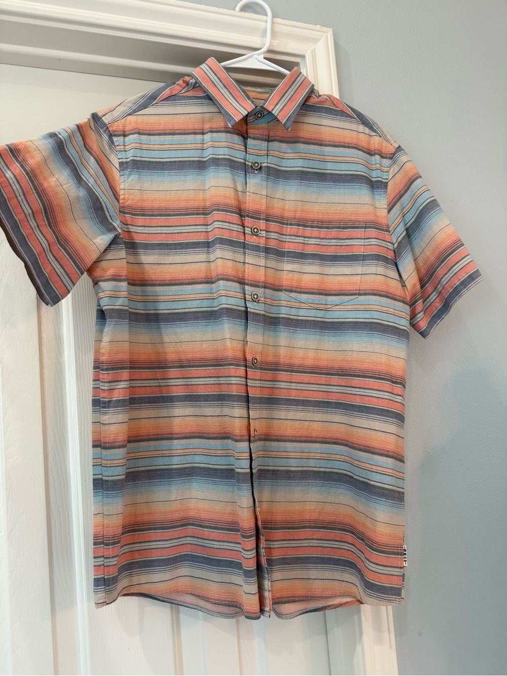 ROWM Men's Short Sleeve Striped Button-Down Shirt in Coral & Blue